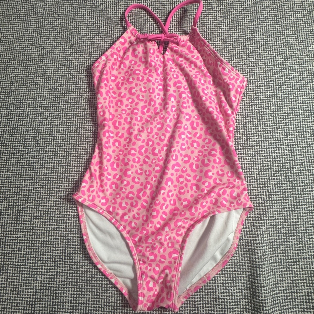 Cat & Jack Girls Pink Leopard Print One Piece Swimsuit High Neck Size XL 14